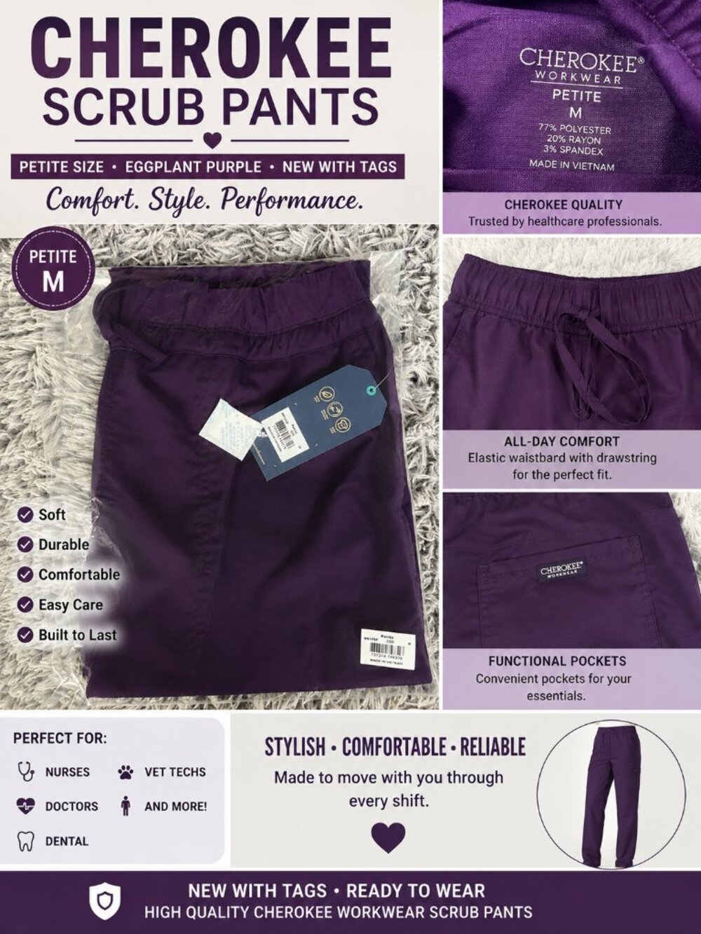 Cherokee Workwear Scrub Pants Petite Medium Eggplant Purple Drawstring Stretch N